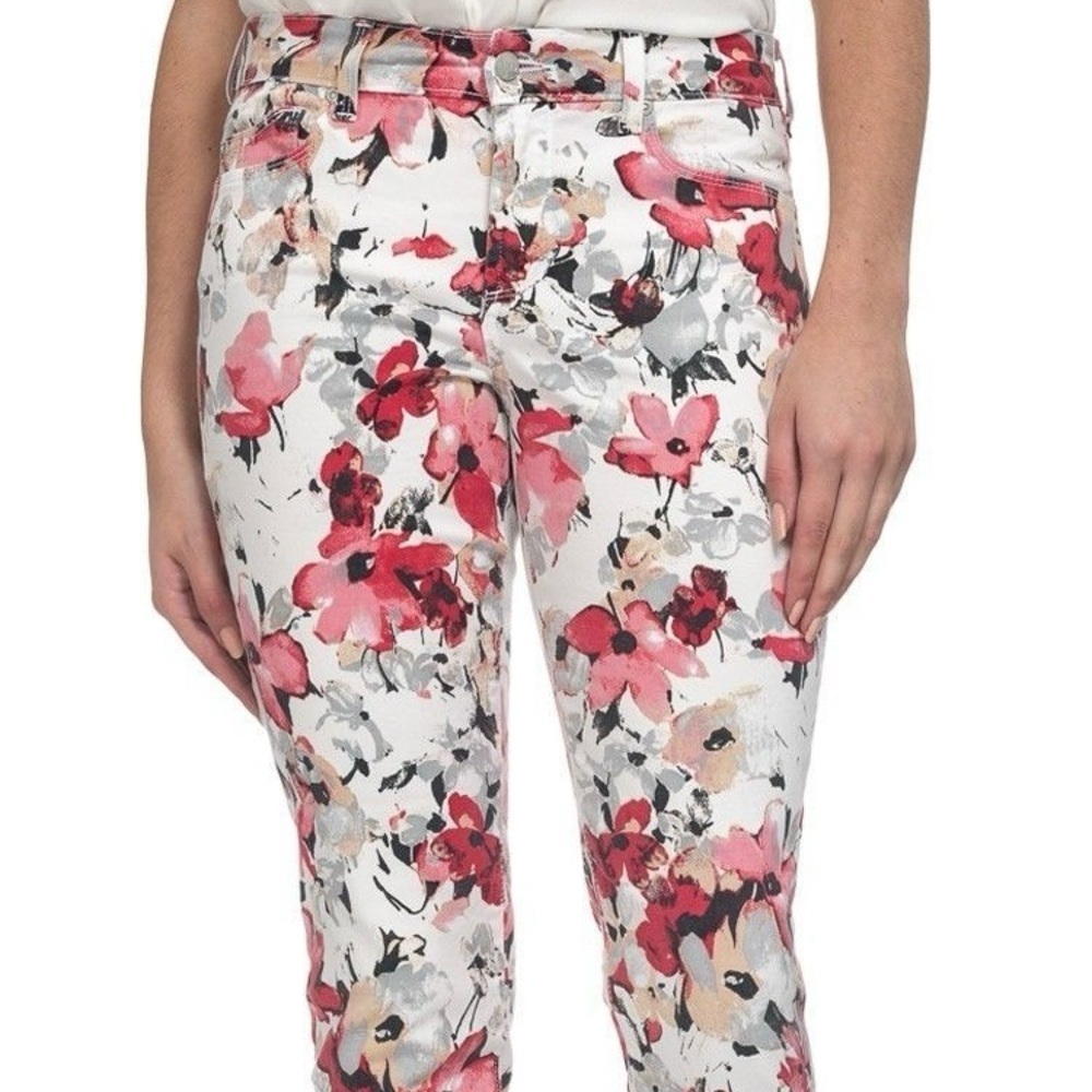 NYDJ| Women's White High Rise Straight Leg Ankle Jean in Floral Red & Pink Sz 2